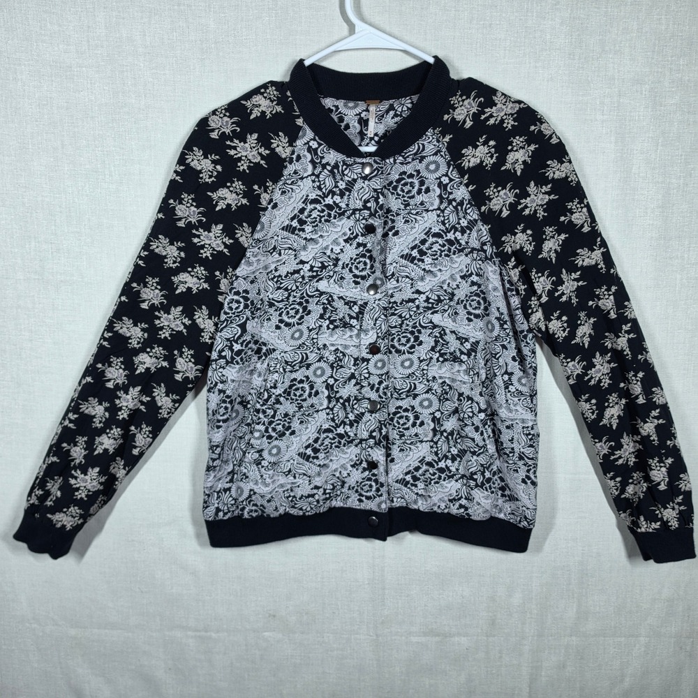 Free People Bomber Jacket Womens Medium Boho Floral Mixed Print Snap Front